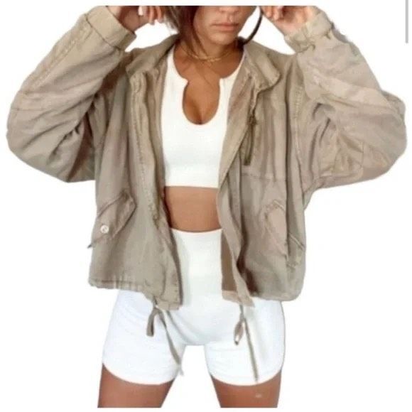 Young Fabulous & Broke "Clara" Khaki Drawstring Bomber Utility Jacket‎ XS - Picture 1 of 16